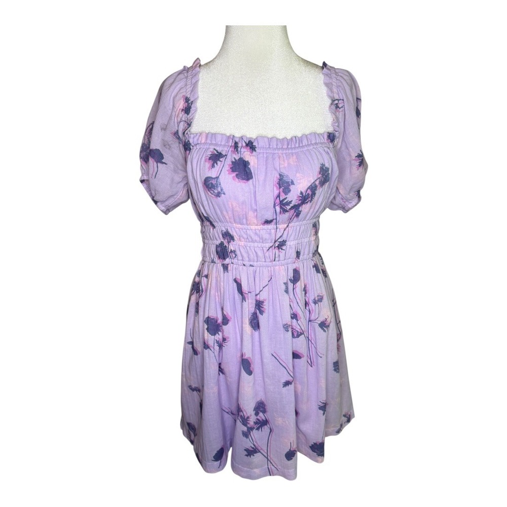 BP Small Floral Mini Dress Purple‎ Square Neck Puff Short Sleeve Smocked Waist